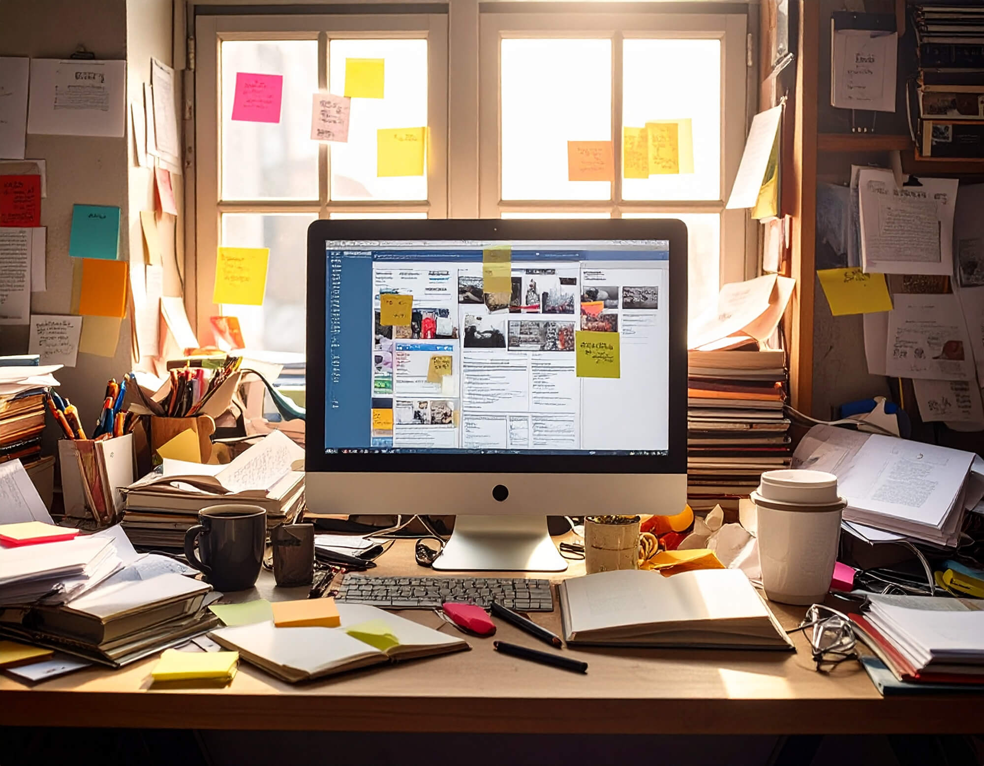 Chaotischer Schreibtisch mit Notizzetteln als ADHS Erwachsene mit ikonischem Symbolbild zur Symptom-Veranschaulichung.