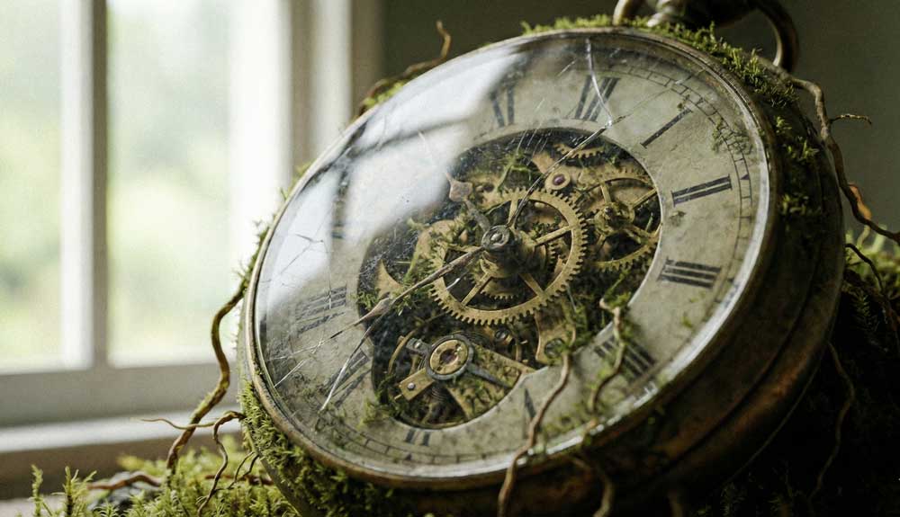 Symbolbild für ADHS Paralyse, symbolisiert durch eine kaputte, bemooste Uhr zur Darstellung von Zeitblindheit.