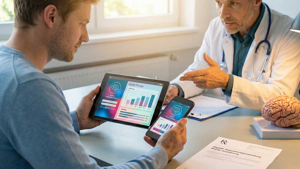 Facharzt erläutert digitale Gesundheitsanwendungen (DiGA) auf einem Tablet zur Therapie bei ADHS Erwachsene.