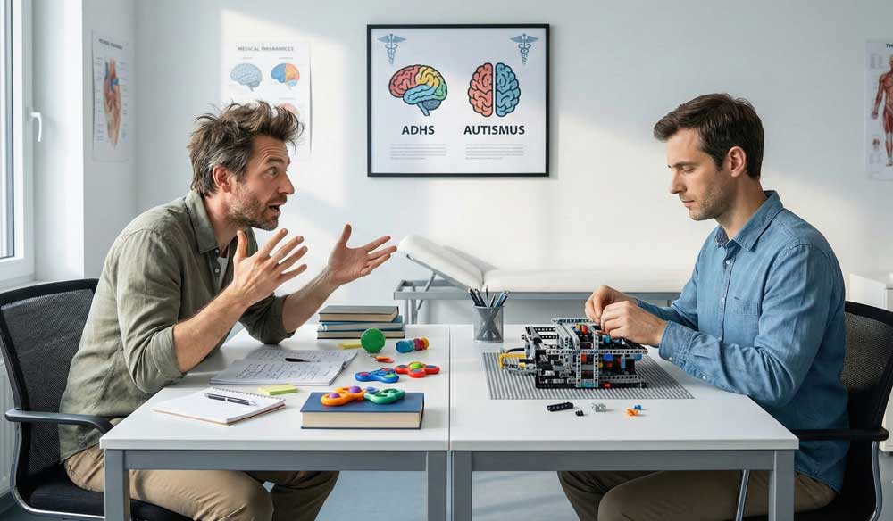 Austausch zwischen ADHS Erwachsene und Autismus zur Illustration neurodivergener Merkmale und Verhaltensweisen.