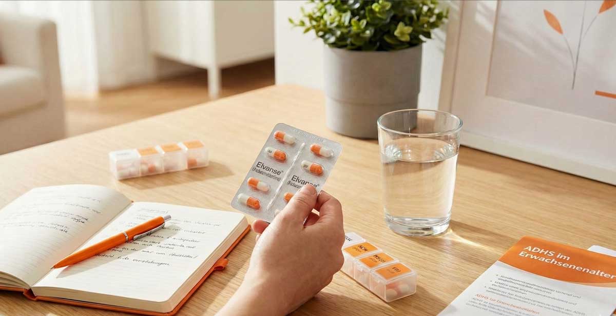 Hand hält Elvanse-Blister über Infomaterial zur medikamentösen Behandlung bei ADHS Erwachsene.
