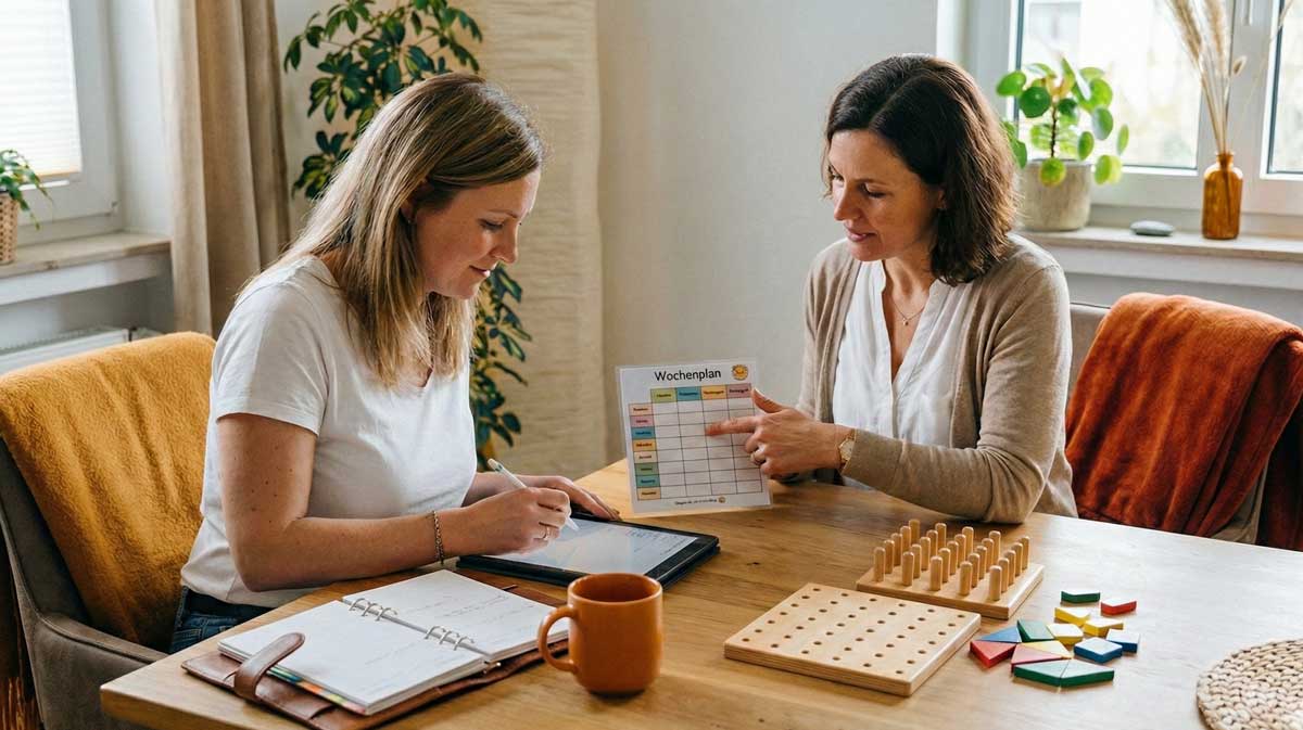 Ergotherapeutin nutzt Wochenplan und Hilfsmittel zur Alltagsstrukturierung im Rahmen der Ergotherapie bei ADHS Erwachsene.