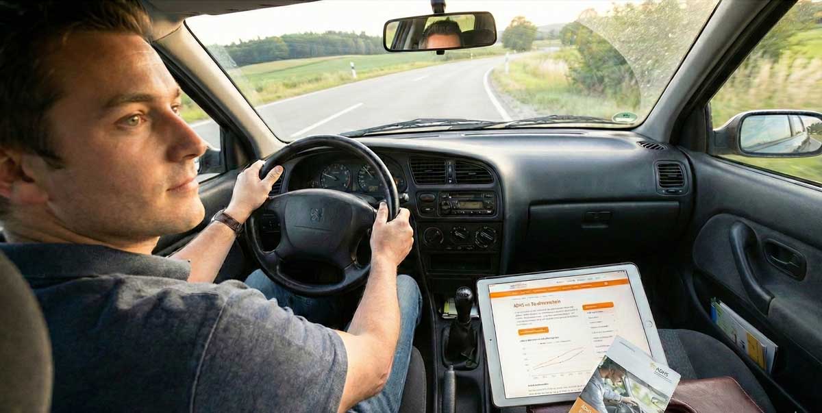 Mann am Steuer mit Informationsmaterial illustriert Strategien für sicheres Autofahren bei ADHS Erwachsene.