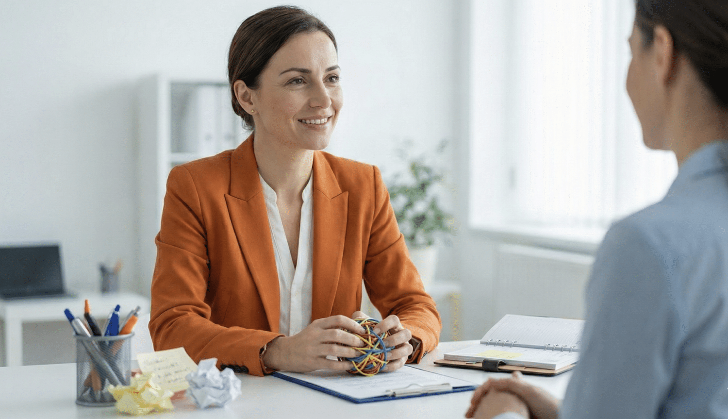 Frau mit Fidget-Toy im Fachgespräch zur Darstellung von ADHS Masking und Kompensation bei Erwachsenen.