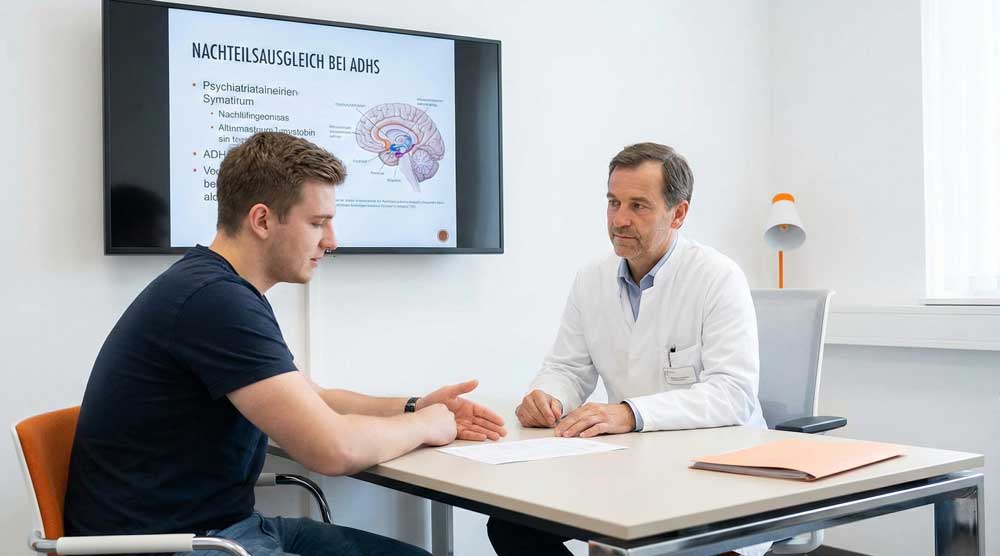 Facharzt berät Patienten zum Nachteilsausgleich bei ADHS Erwachsene vor einem Bildschirm mit Fachinformationen.