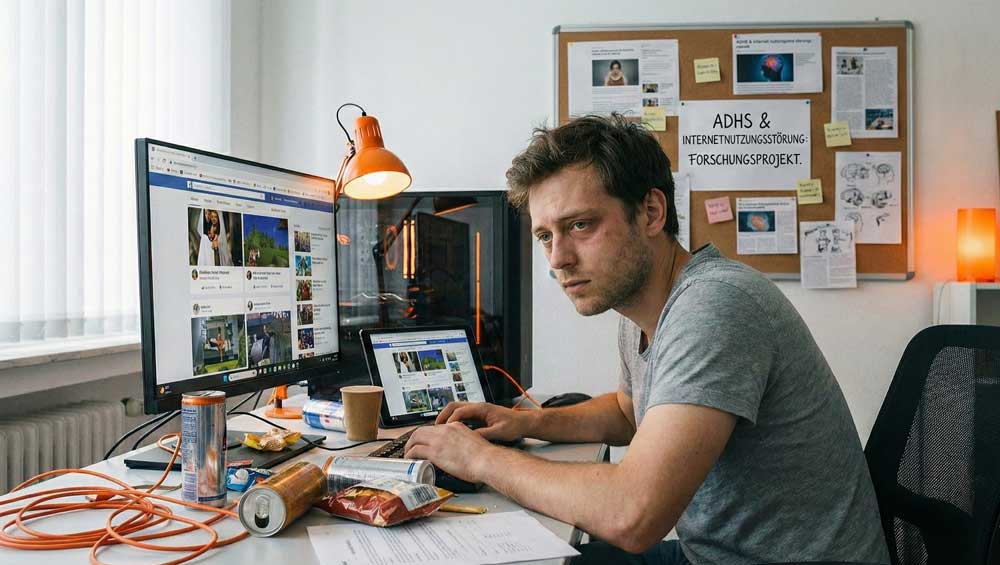 Mann an Computer mit Notiz „ADHS & Internetnutzungsstörung“ illustriert die digitale Dopamin-Falle.