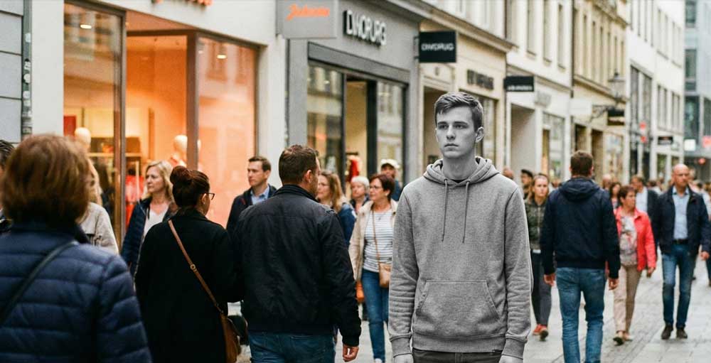 Mann in Graustufen inmitten einer Menschenmenge verdeutlicht soziale Isolation und Symptome bei ADHS Erwachsenen.