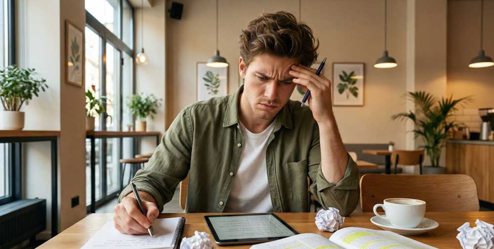 Mann am Tisch mit Notizen und Tablet verdeutlicht kognitive Belastung und Lese-Rechtschreibschwäche bei ADHS Erwachsene.