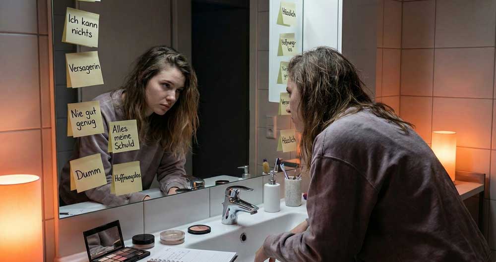 Frau vor Spiegel mit negativen Notizen symbolisiert psychische Belastung und Selbstwertprobleme bei ADHS Erwachsene.