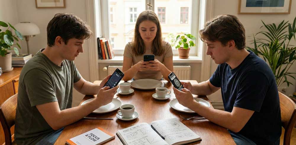 Junge Menschen blicken am Tisch auf ihre Smartphones zur Illustration von Medieneinflüssen auf ADHS bei Erwachsenen.