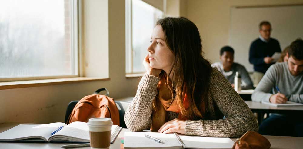 Frau blickt im Hörsaal abgelenkt aus dem Fenster zur Darstellung von Sluggish Cognitive Tempo bei ADHS Erwachsene.