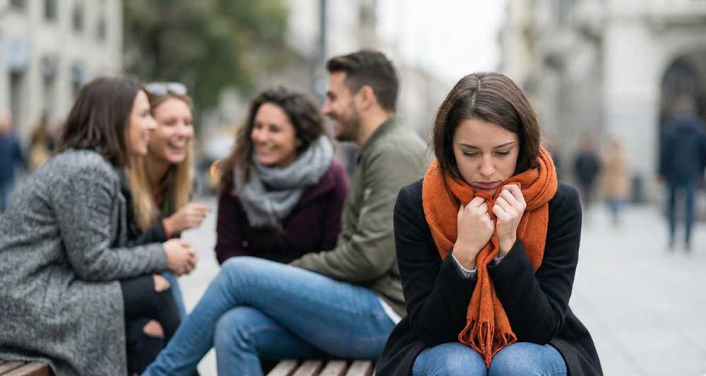 Frau blickt bedrückt neben lachender Gruppe zur Darstellung von RSD-Symptomen bei ADHS Erwachsene.